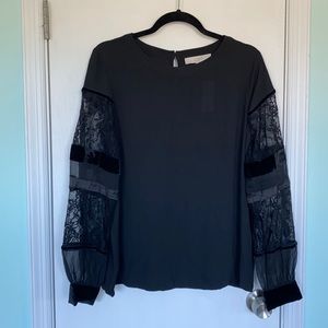 LOFT NWT Black blouse with lace and velvet detail